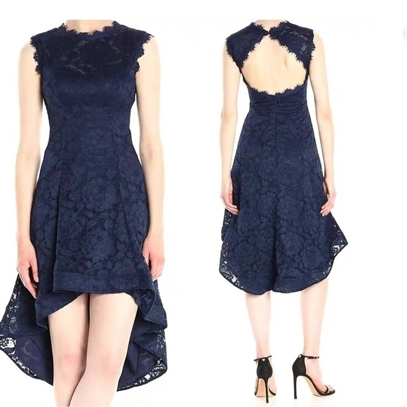 Betsy & Adam Black Lace High-Low Dress 8 Scalloped Eyelash Cutout Open Back 8 - Picture 5 of 10